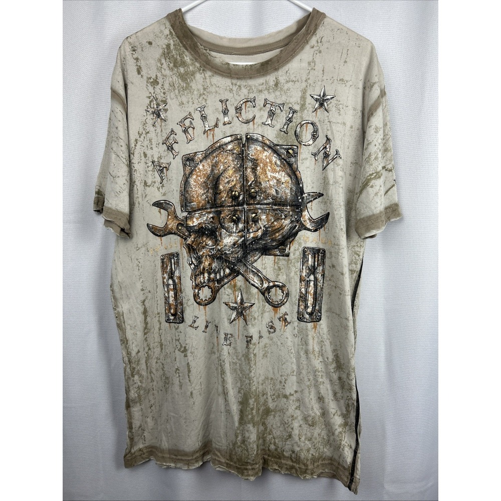 Affliction Live Fast Skull Wrenches T Shirt Mens L Beige Gray Distressed Y2K